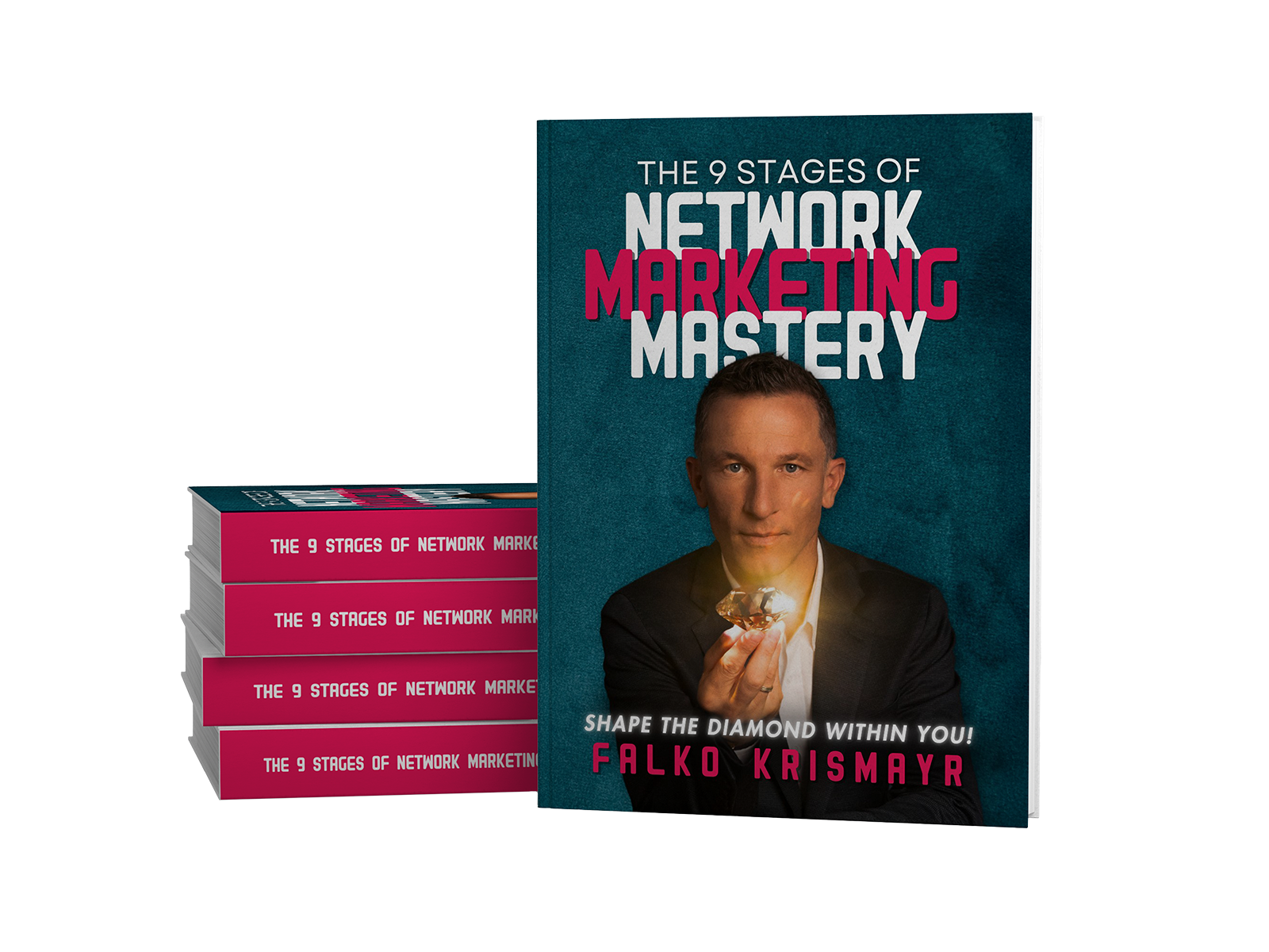 A book titled "The 9 Stages of Network Marketing Mastery" by Falko Krismayr is displayed upright, with a stack of four copies lying beside it.
