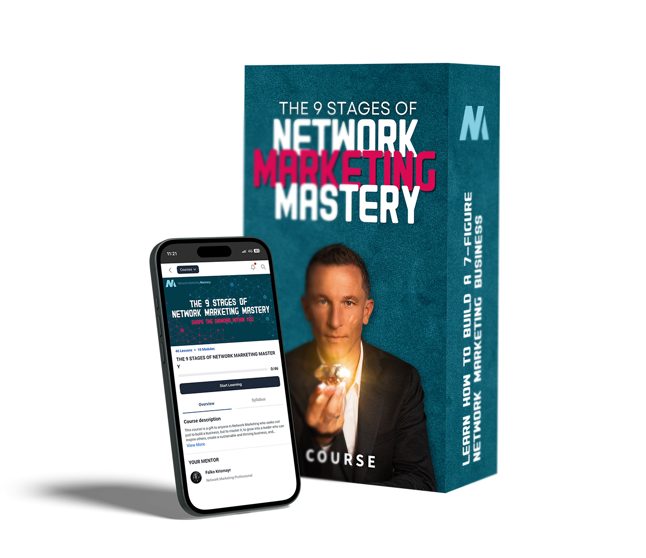 A course box titled "The 9 Stages of Network Marketing Mastery" stands next to a smartphone displaying the same course details on its screen.