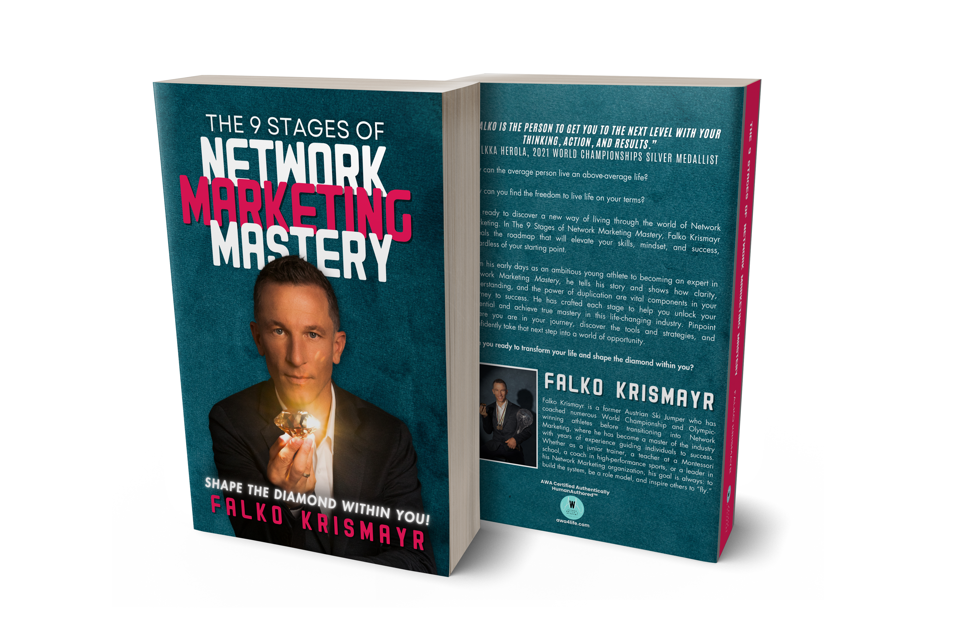 A book titled "The 9 Stages of Network Marketing Mastery" by Falko Krismayr, featuring a man holding a gemstone on the cover.