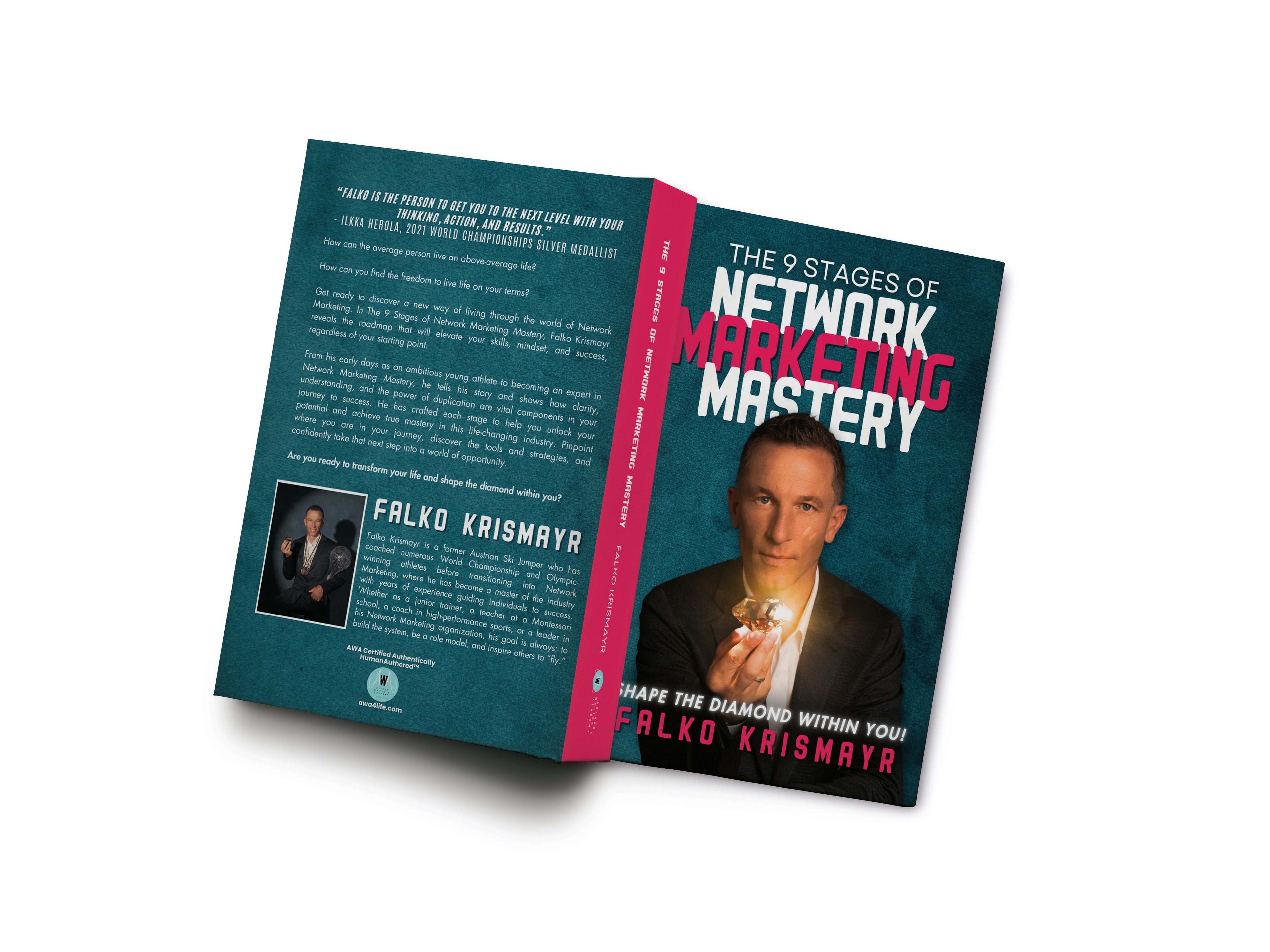 A book titled "The 9 Stages of Network Marketing Mastery" by Falko Krismayr, featuring a man holding a gemstone on the cover.