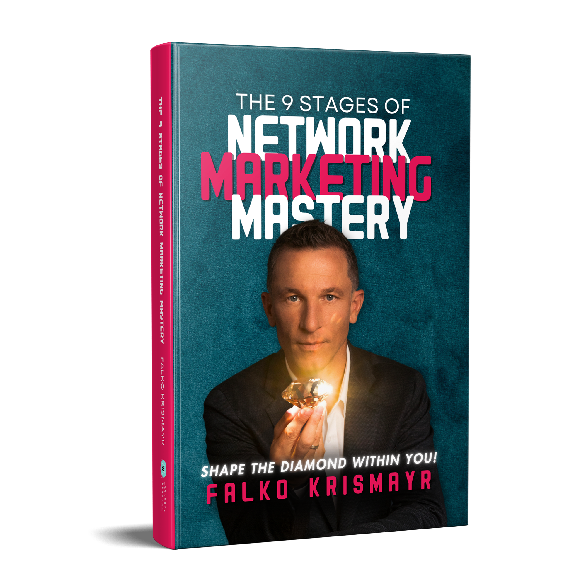 A book titled "The 9 Stages of Network Marketing Mastery" by Falko Krismayr, featuring a man holding a gemstone on the cover.