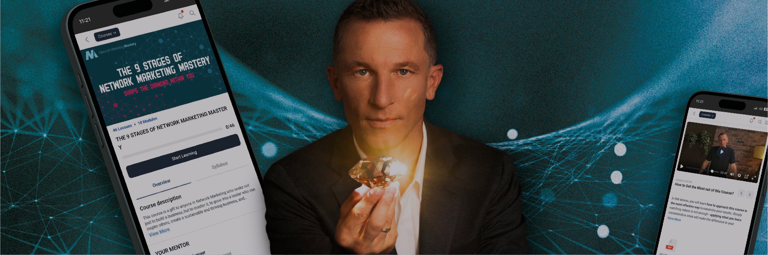 A man in a suit holds a glowing diamond, with two smartphones displaying online content on either side, set against a digital blue background.